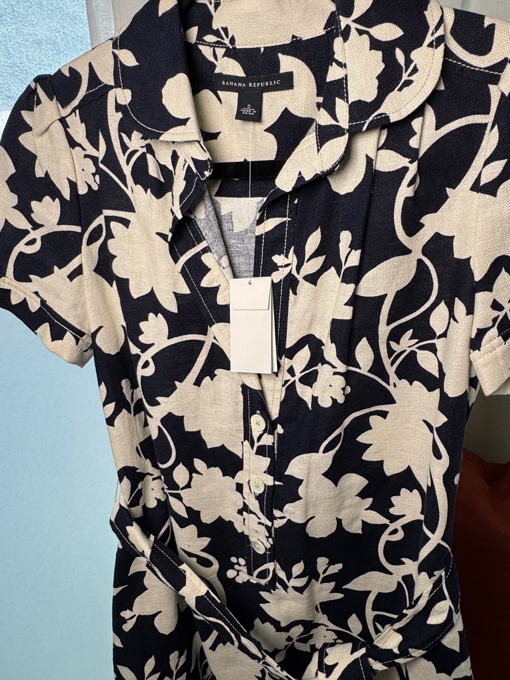 Banana Republic Navy and Cream Floral Button-Front Dress with Tie Waist